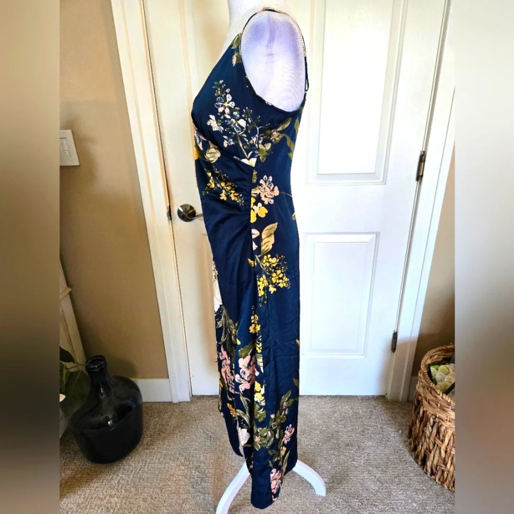 Floral Navy V Neck Slip Dress Satin Feel - Picture 5 of 9